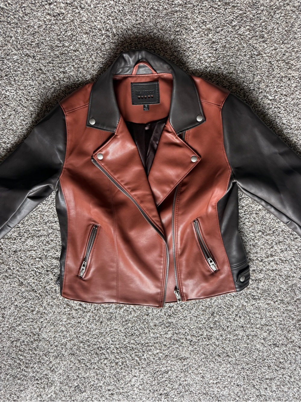 Blank NYC Two-Tone Leather Moto Jacket in Burgundy and Black